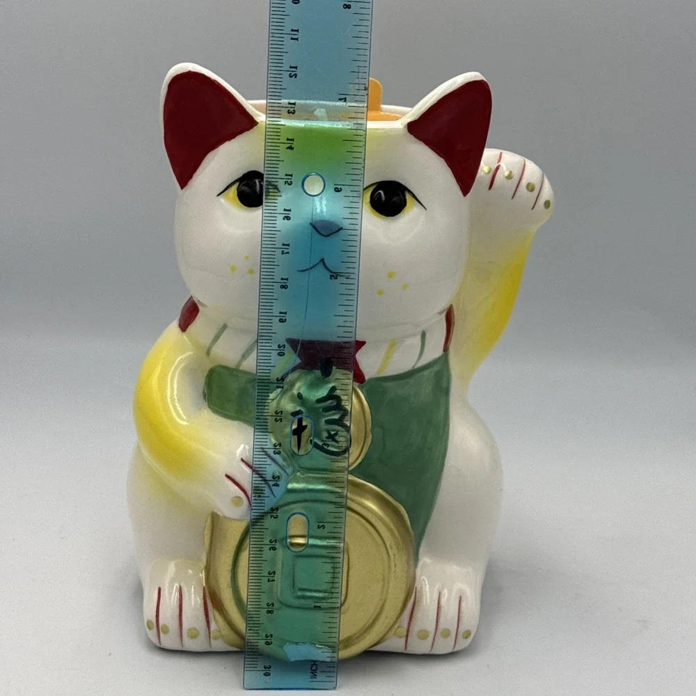 Lucky Cat Ceramic White Red Gold Prosperity Home Decor Candle Used Small Chip